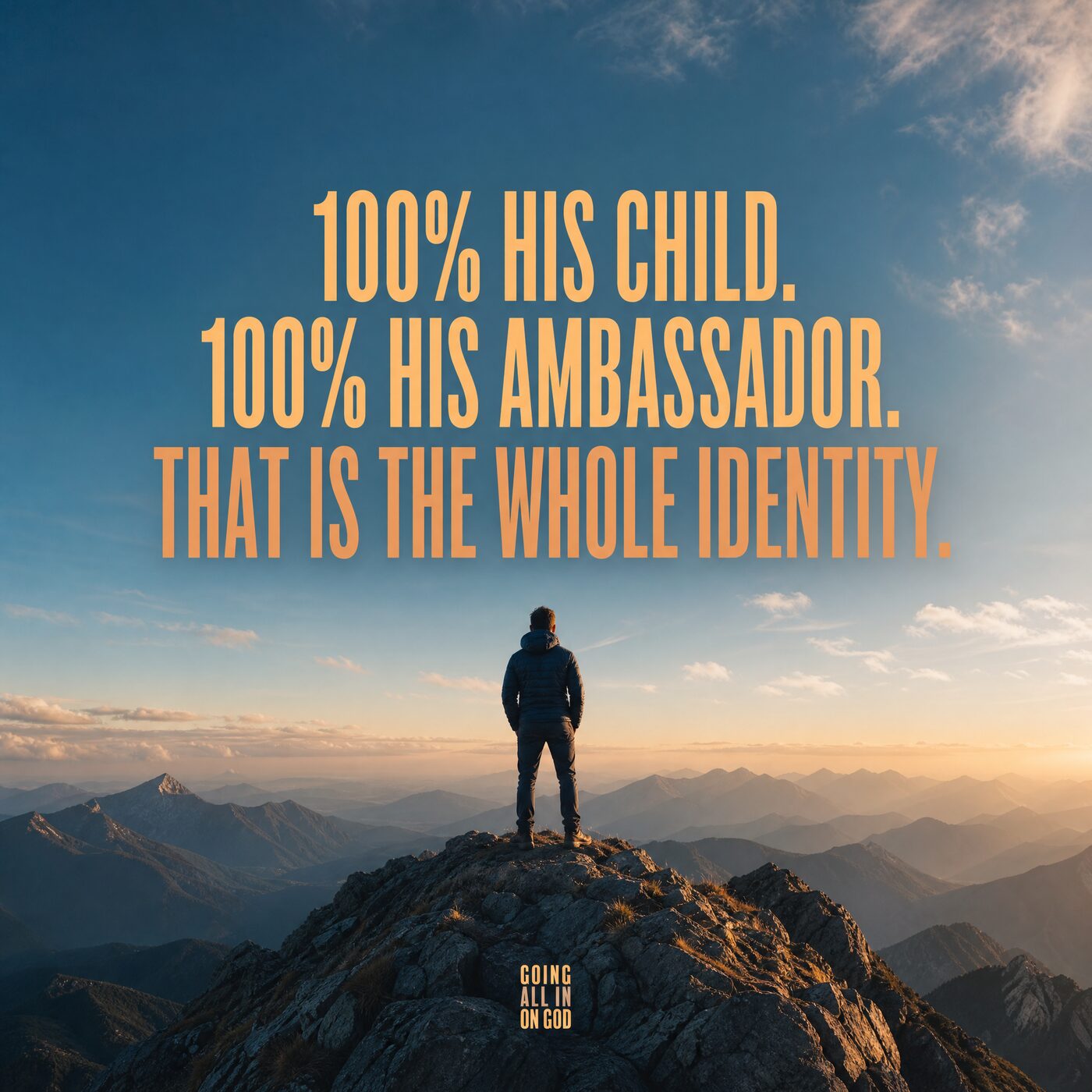 Man standing on a mountain summit with the words: 100% His child, 100% His ambassador, that is the whole identity