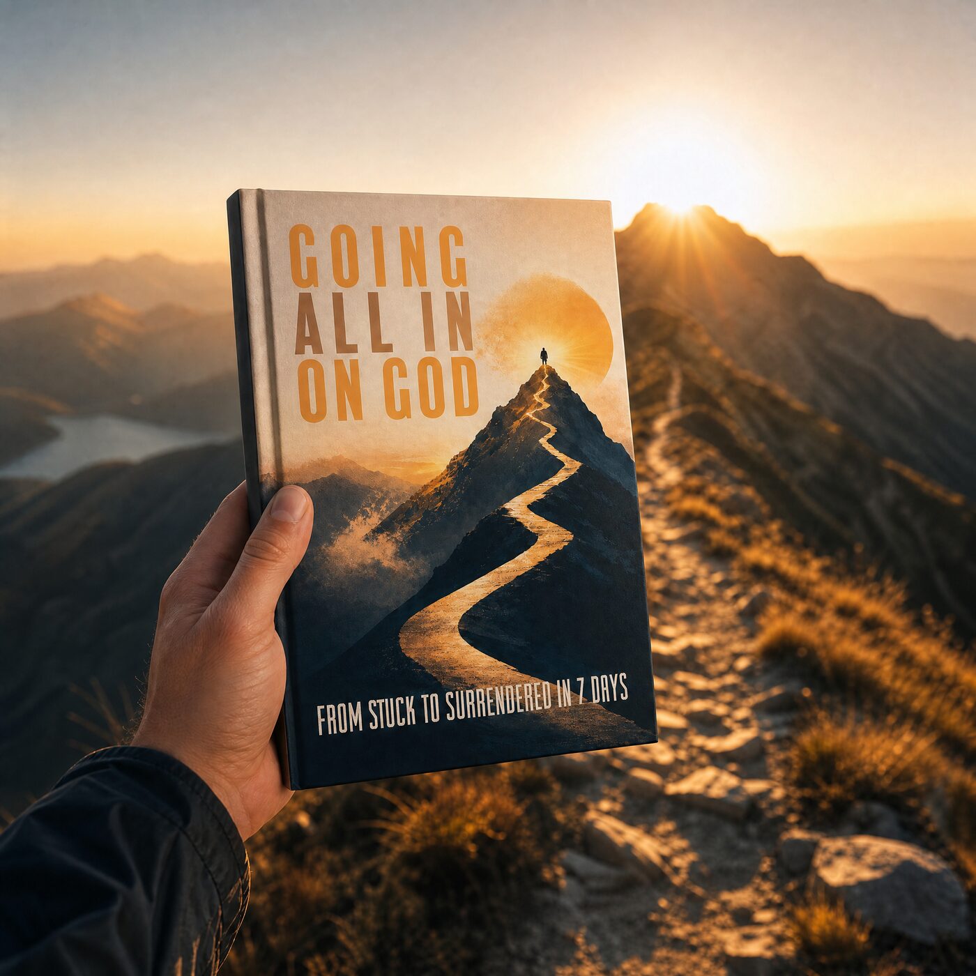 Hand holding the Going All In on God paperback at sunrise on a mountain trail